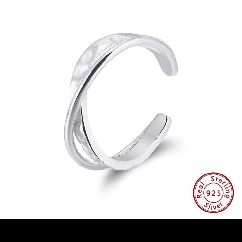 ENA 925 Sterling Silver hammered Cris Cross Shaped  Adjustable Ring